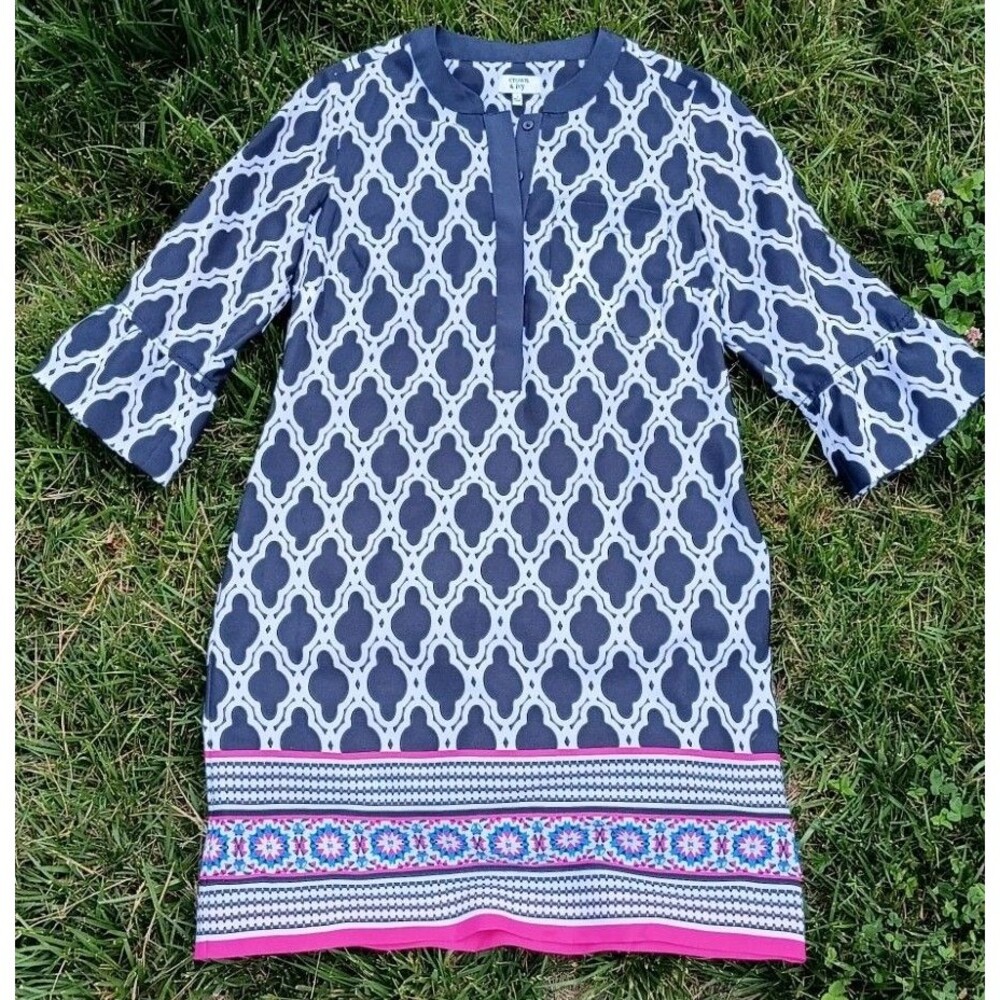NWOT Crown & Ivy Navy Blue Geometric Shift Dress Boho Bell Sleeve Tunic Dress 2